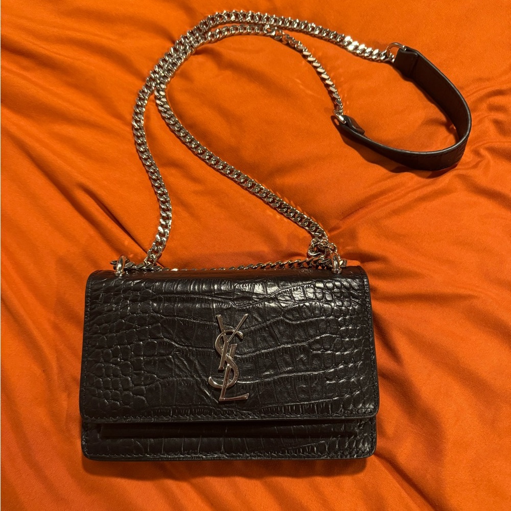 Black Croc-Embossed Chain Bag
